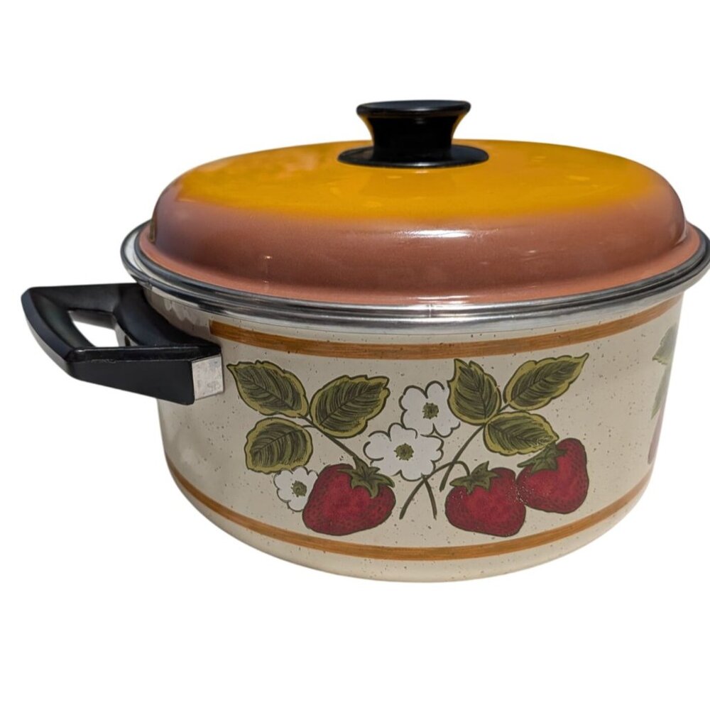 Strawberry Enamel Stew Pot Lid 6 Quart Yellow White Retro Cookware Vintage - Picture 6 of 16
